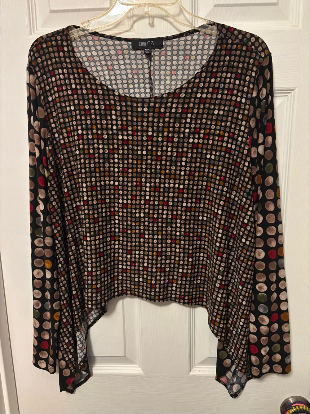 Comfy USA Black Long Sleeve Polka Dot Scoop Neck Top